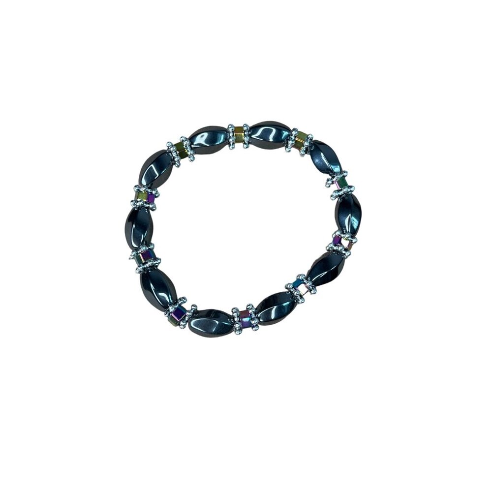 Hematite Stretch Bracelet With Multicolor Gem Accents